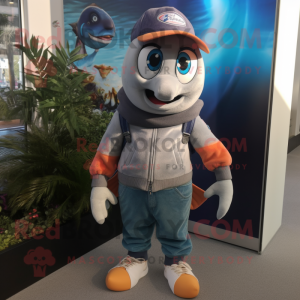 Gray Clown Fish mascot costume character dressed with a Jeans and Beanies