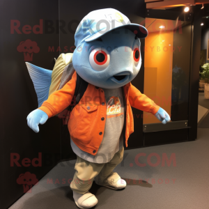 Gray Clown Fish mascot costume character dressed with a Jeans and Beanies