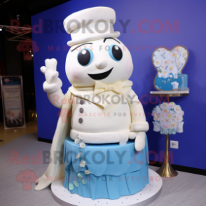 Cream Wedding Cake mascot costume character dressed with a Jeans and Shawl pins