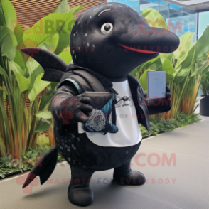 Black Humpback Whale mascot costume character dressed with a Playsuit and Messenger bags