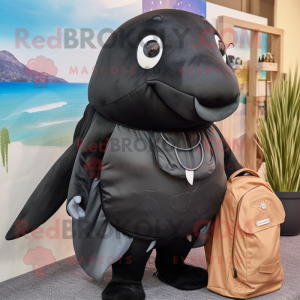 Black Humpback Whale mascot costume character dressed with a Playsuit and Messenger bags