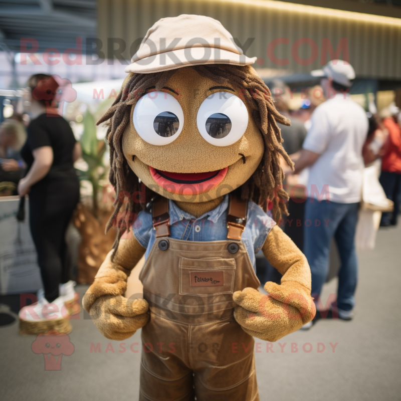 Brown Shrimp Scampi mascot costume character dressed with a Dungarees and Bracelets Brown Shrimp Scampi mascot costume character dressed with a Dungarees and Bracelets