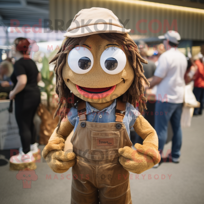 Brown Shrimp Scampi mascot costume character dressed with a Dungarees and Bracelets