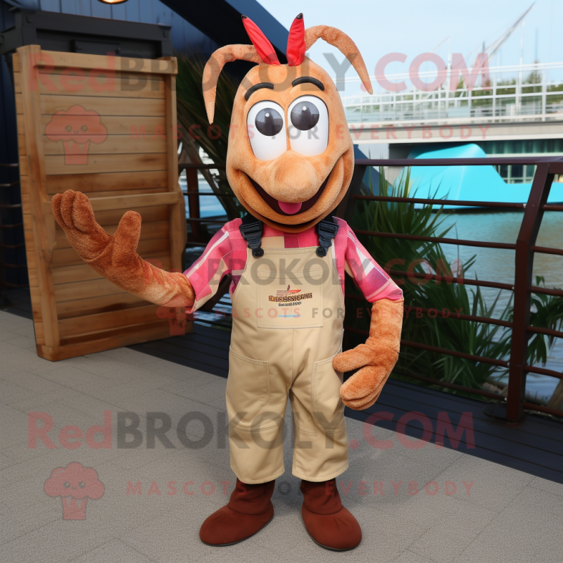 Brown Shrimp Scampi mascot costume character dressed with a Dungarees and Bracelets