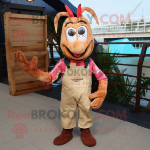 Brown Shrimp Scampi mascot costume character dressed with a Dungarees and Bracelets