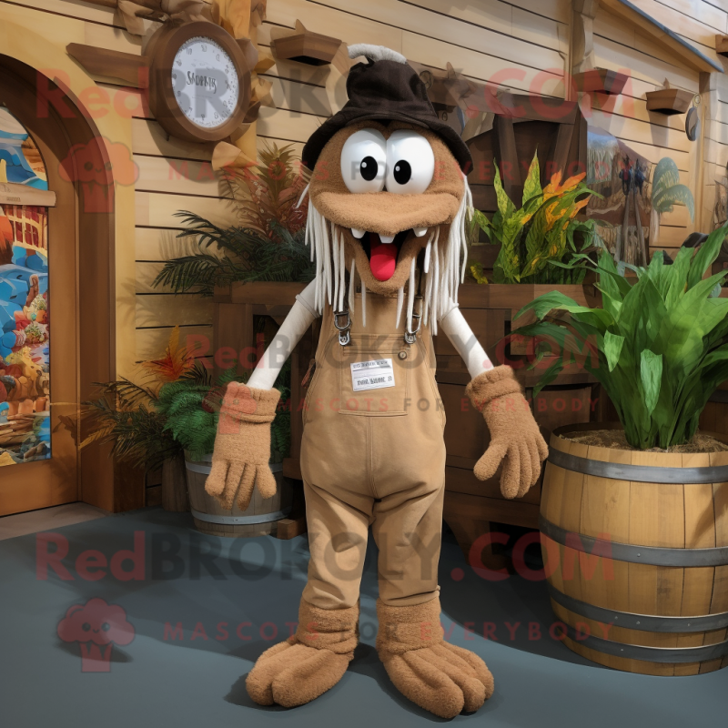 Brown Shrimp Scampi mascot costume character dressed with a Dungarees and Bracelets Brown Shrimp Scampi mascot costume character dressed with a Dungarees and Bracelets