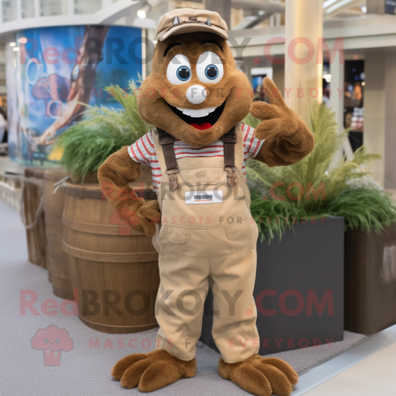 Brown Shrimp Scampi mascot costume character dressed with a Dungarees and Bracelets