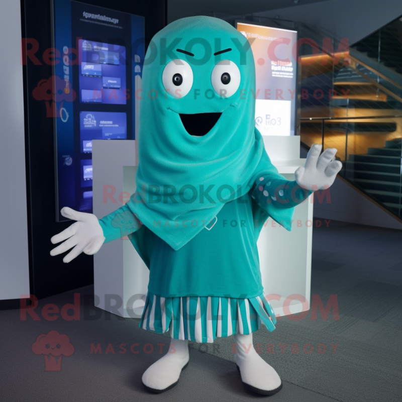 Teal Ghost mascot costume character dressed with a Cardigan and Beanies