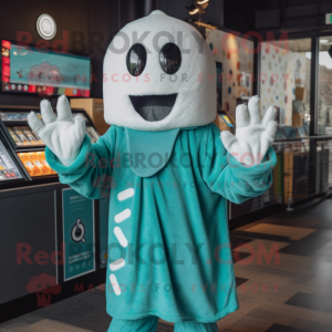 Teal Ghost mascot costume character dressed with a Cardigan and Beanies