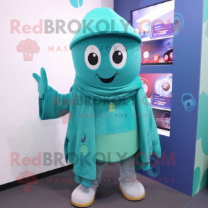 Teal Ghost mascot costume character dressed with a Cardigan and Beanies