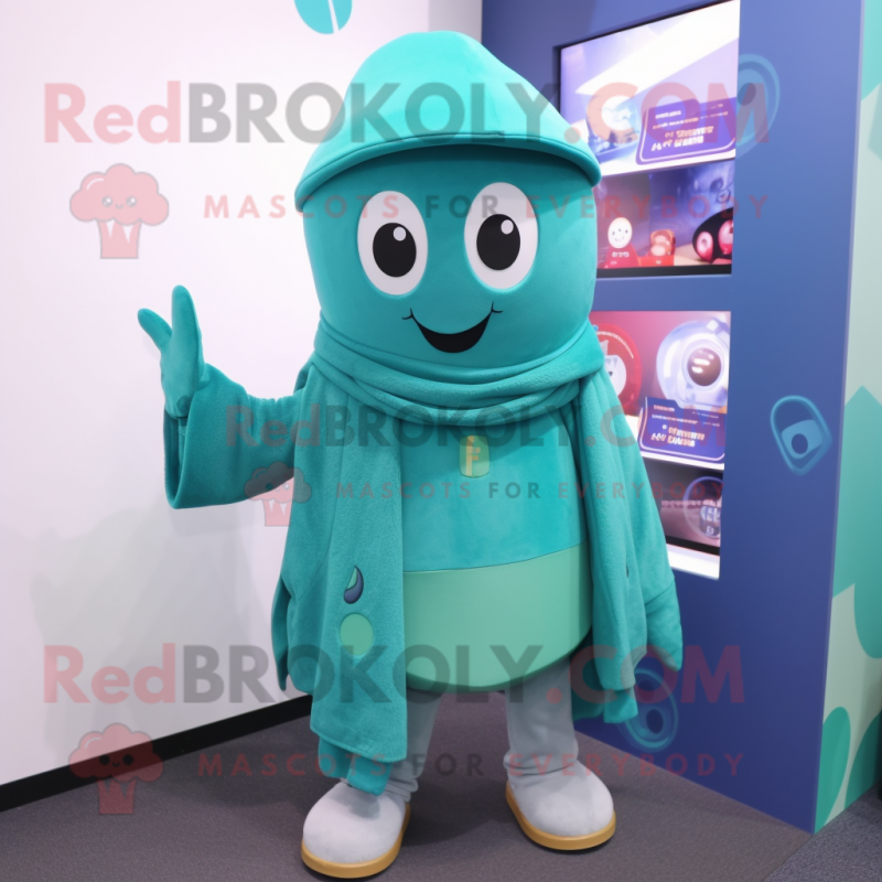 Teal Ghost mascot costume character dressed with a Cardigan and Beanies Teal Ghost mascot costume character dressed with a Cardigan and Beanies