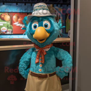 Turquoise Turkey mascot costume character dressed with a Button-Up Shirt and Headbands
