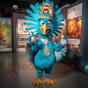 Turquoise Turkey mascot costume character dressed with a Button-Up Shirt and Headbands