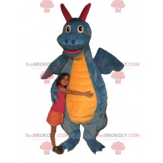 Mascotte de dragon bleu et jaune. Costume de dragon -