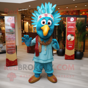 Turquoise Turkey mascot costume character dressed with a Button-Up Shirt and Headbands