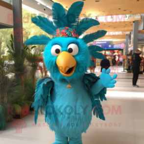 Turquoise Turkey mascot costume character dressed with a Button-Up Shirt and Headbands