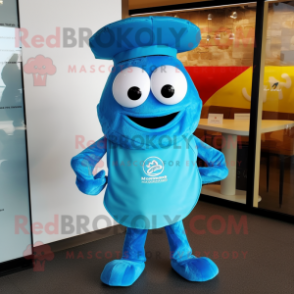 Cyan Crab Cakes mascot costume character dressed with a Graphic Tee and Hat pins