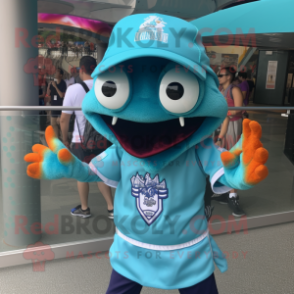 Cyan Crab Cakes mascot costume character dressed with a Graphic Tee and Hat pins