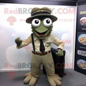 Olive Fried Calamari mascot costume character dressed with a Button-Up Shirt and Briefcases