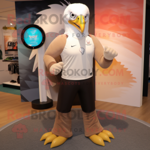 Tan Bald Eagle mascot costume character dressed with a Yoga Pants and Bracelet watches