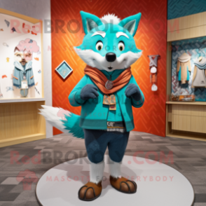 Turquoise Fox mascot costume character dressed with a Shorts and Shawl pins