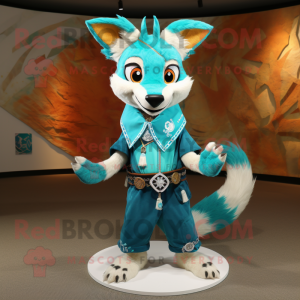 Turquoise Fox mascot costume character dressed with a Shorts and Shawl pins
