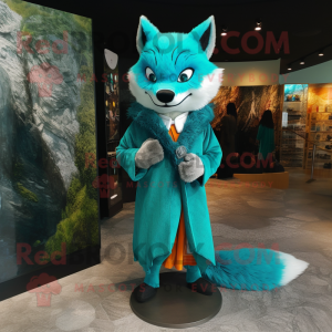 Turquoise Fox mascot costume character dressed with a Shorts and Shawl pins