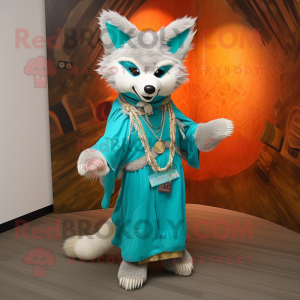 Turquoise Fox mascot costume character dressed with a Shorts and Shawl pins