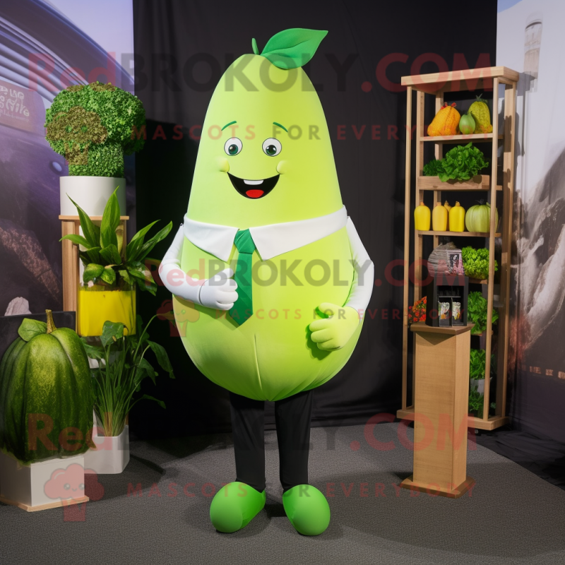 Lime Green Radish mascot costume character dressed with a V-Neck Tee and Pocket squares