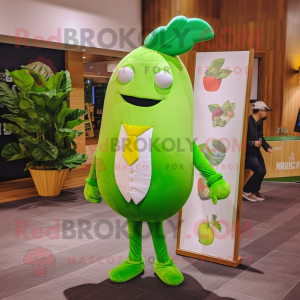 Lime Green Radish mascot costume character dressed with a V-Neck Tee and Pocket squares