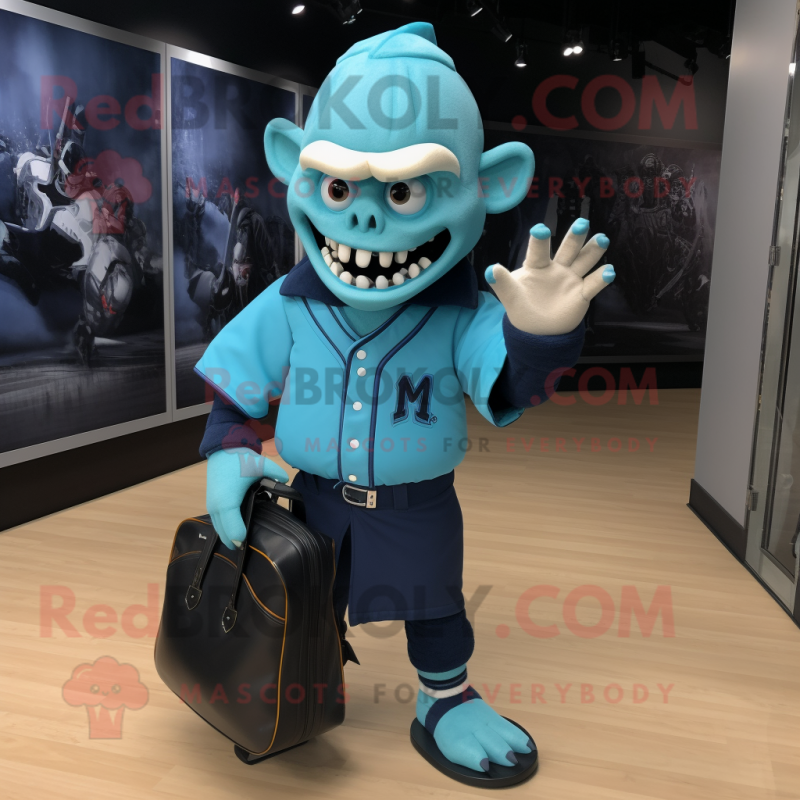 Cyan Vampire mascot costume character dressed with a Baseball Tee and Tote bags