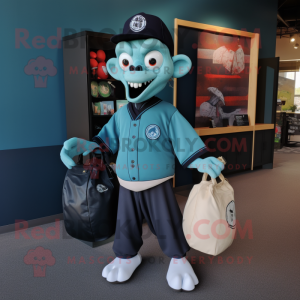 Cyan Vampire mascot costume character dressed with a Baseball Tee and Tote bags