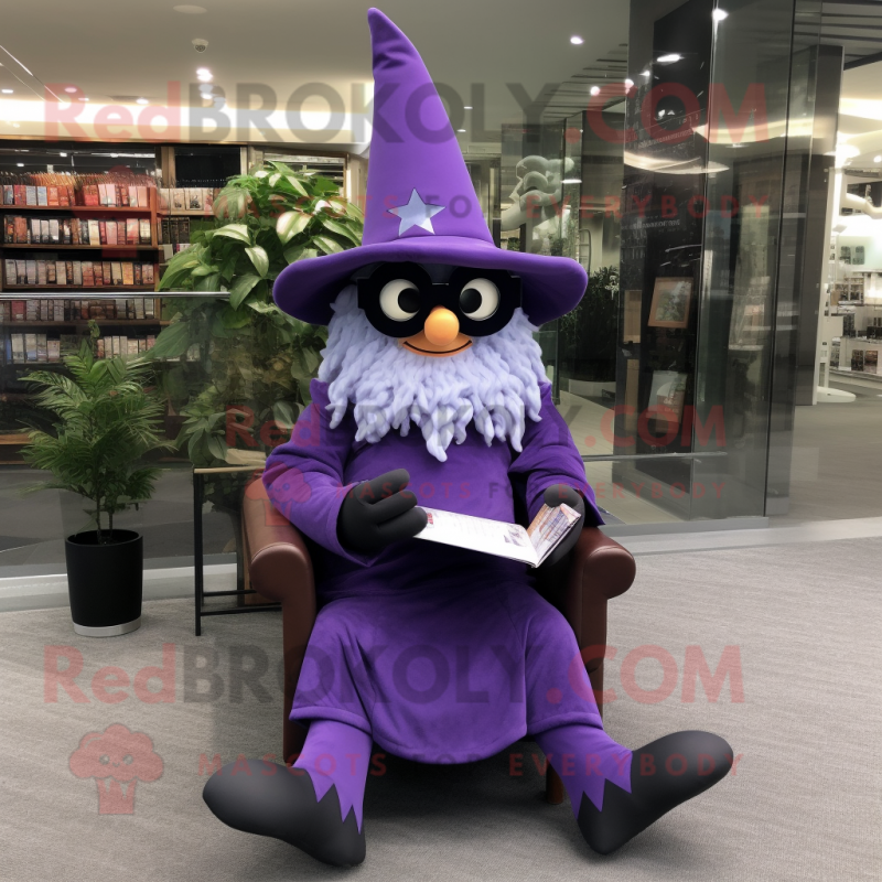 Purple Witch'S Hat mascot costume character dressed with a Jumpsuit and Reading glasses