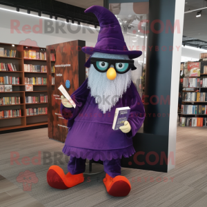 Purple Witch'S Hat mascot costume character dressed with a Jumpsuit and Reading glasses