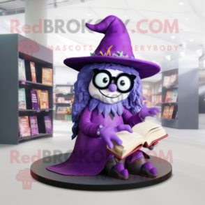 Purple Witch'S Hat mascot costume character dressed with a Jumpsuit and Reading glasses