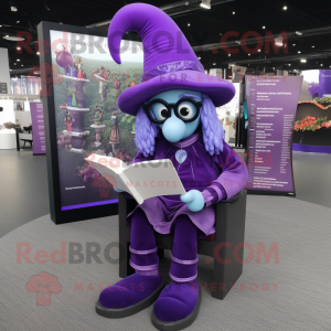 Purple Witch'S Hat mascot costume character dressed with a Jumpsuit and Reading glasses