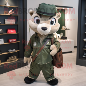 Silver Green Beret mascot costume character dressed with a Leather Jacket and Tote bags