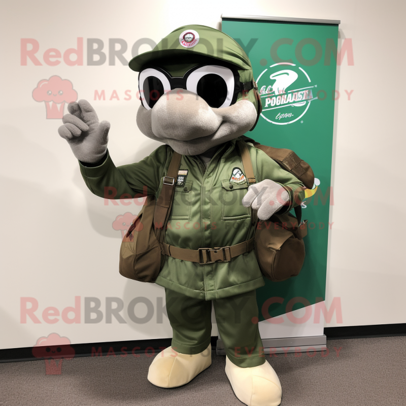 Silver Green Beret mascot costume character dressed with a Leather Jacket and Tote bags