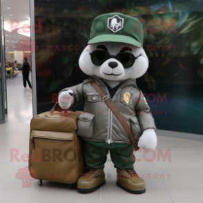 Silver Green Beret mascot costume character dressed with a Leather Jacket and Tote bags