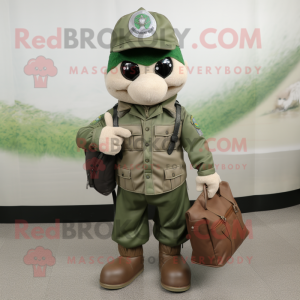 Silver Green Beret mascot costume character dressed with a Leather Jacket and Tote bags