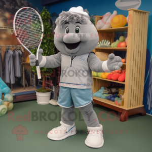 Gray Tennis Racket mascot costume character dressed with a Capri Pants and Bracelets