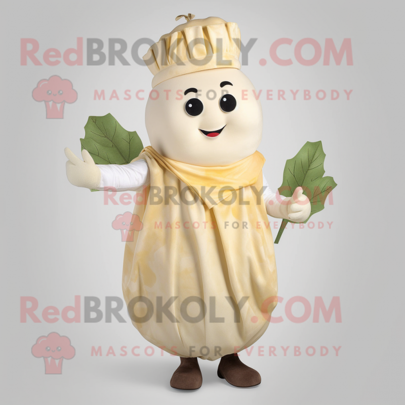 Cream Turnip mascot costume character dressed with a Dress Shirt and Wraps