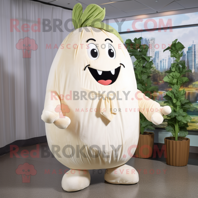 Cream Turnip mascot costume character dressed with a Dress Shirt and Wraps