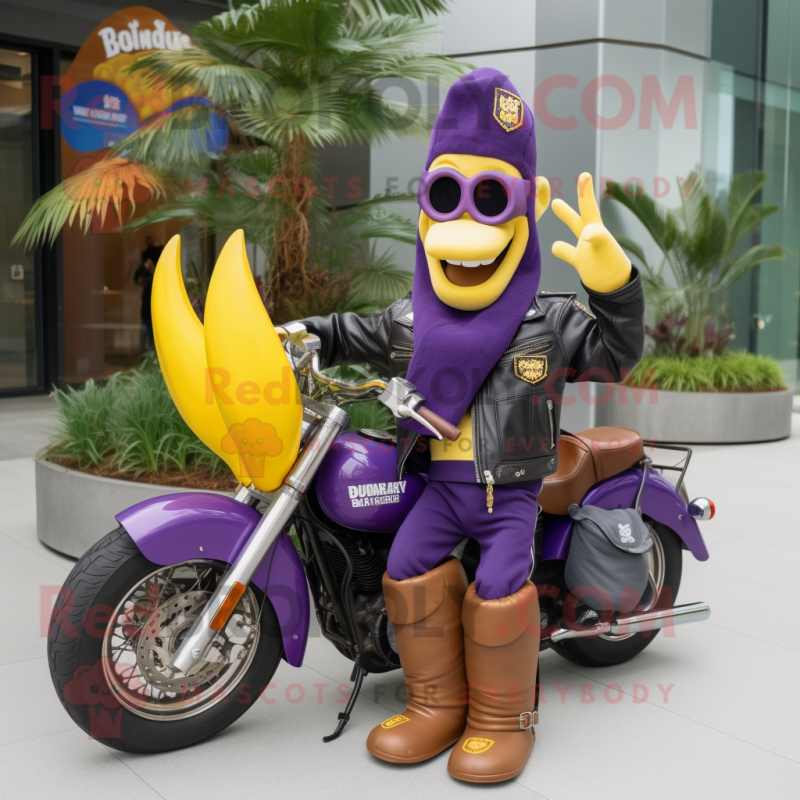 Purple Banana mascot costume character dressed with a Biker Jacket and Tote bags