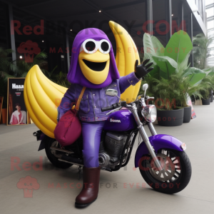 Purple Banana mascot costume character dressed with a Biker Jacket and Tote bags