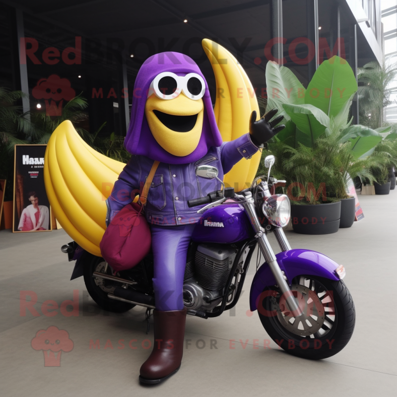 Purple Banana mascot costume character dressed with a Biker Jacket and Tote bags Purple Banana mascot costume character dressed with a Biker Jacket and Tote bags
