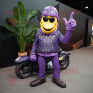 Purple Banana mascot costume character dressed with a Biker Jacket and Tote bags