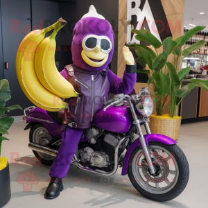 Purple Banana mascot costume character dressed with a Biker Jacket and Tote bags