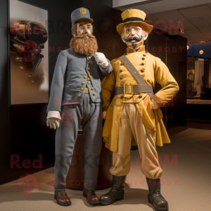 Gold Civil War Soldier mascot costume character dressed with a Corduroy Pants and Watches