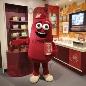 Maroon Lasagna mascot costume character dressed with a Sweater and Keychains